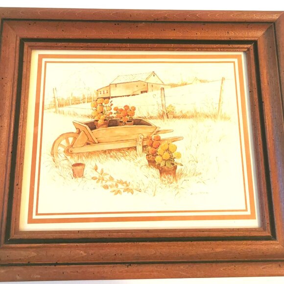 Wesley Hall Framed Wood Prints Set of 2 Wishing Well Wheelbarrow 1970s 12.5x10.5 - Picture 3 of 8